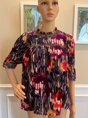 Ulla Johnson Multicolor Printed Short Sleeve Tunic in Purple, Red, Cream